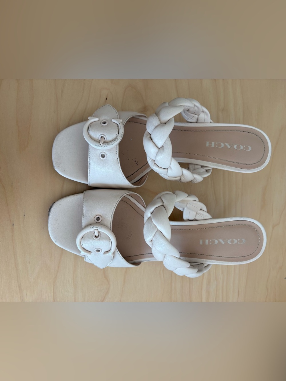 Coach Beige Braided Leather Slide Mules with Buckle